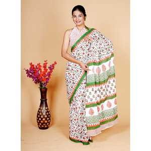 Sari de Algodón con Estampado a Mano y Diseño Intrincado, Chal Tradicional - Product Image 1