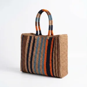 Sac fourre-tout bohème en crochet de raphia à rayures, grande capacité, sac à main décontracté pour femme, usage quotidien, deux poignées, ouverture supérieure - Product Image 4