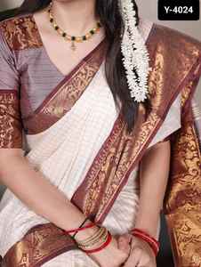 Ropa étnica india Poly Cotton Elegance con Chex y Zari Weaving Work Borders Saree con el mismo diseño Blusa Piezas para mujer - Product Image 2