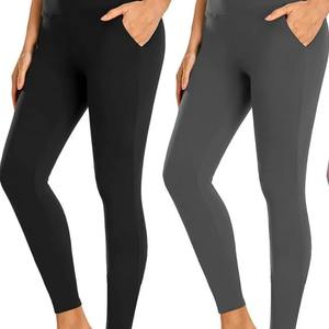 Venta al por mayor de mallas de gimnasio de talle alto personalizadas de longitud completa con el logotipo de la cintura 100% medias de Yoga de algodón mujeres casual de punto estilo bolsillos - Product Image 1