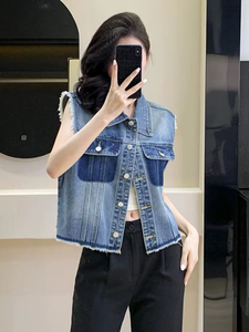 Lâche décontracté Vintage lavé bleu Denim veste gilet été nouveau col rabattu simple boutonnage sans manches femme jean vestes - Product Image 6