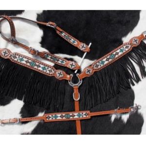 สายคาดศีรษะและสายรัดอกหนังวัวแท้ดีไซน์ขนนกไนลอนคุณภาพสูงแบบใหม่ - Product Image 2