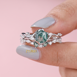 Anillo de Compromiso Hexagonal de Ágata Musgosa Natural, Juego de Anillos de Boda de Oro Sólido de 10K con Diseño de Hoja Inspirado en la Naturaleza para Mujer - Product Image 1