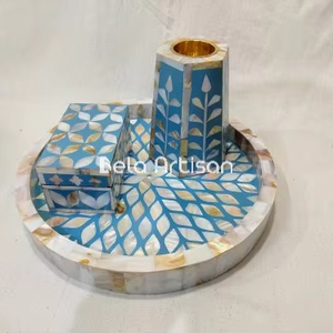 Juego de quemador Bakhoor con incrustaciones de hojas azules hechas a mano, bandeja redonda con cuenco de latón y caja de almacenamiento para una decoración elegante con fragancia para el hogar - Product Image 5