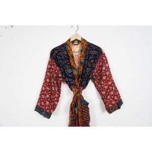 Robe longue bohème en soie pour femme, imprimé patchwork, col en V, cordon de serrage, manches longues, respirante, douce, séchage rapide, élégante - Product Image 2