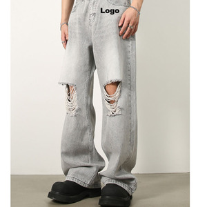 กางเกงยีนส์ขาตรงสำหรับผู้ชายกางเกงยีนส์ขาตรงมีรูของผู้ชายกางเกงยีนส์แฟชั่นแบบสั่งทำ100% - Product Image 2