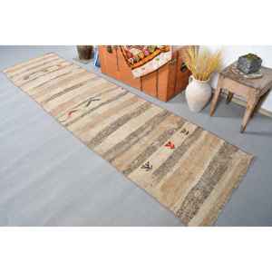 พรมตุรกีขนาด 2.6x10 ฟุต, พรมวินเทจแบบยาว, พรมขนสัตว์สีน้ำตาลล้วน - Product Image 3