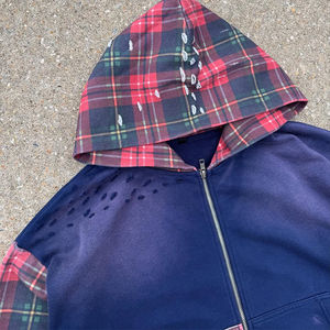 Nouveauté Pull en coton pour hommes Sweat-shirts personnalisés 100% patchwork Couleur contrastée Imprimé délavé au soleil Carreaux à carreaux Acid Washed Sweat-shirts pour hommes - Product Image 6