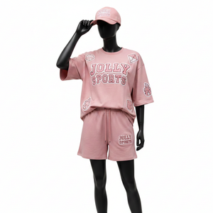 High Quality Cotton Knit <b>Women</b> <b>Shirt</b> <b>and</b> <b>Short</b> <b>Set</b> Soft Touch Fabric Applique Embroidery Logo 100% Cotton <b>T</b>-<b>Shirt</b> & <b>Shorts</b> - Product Image 6