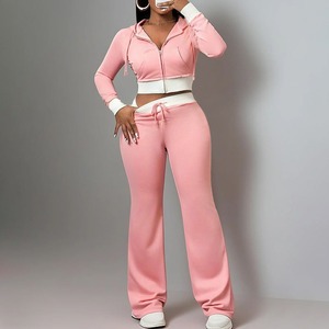 Sudaderas con capucha de mujer con bordado de felpa francesa de alta calidad personalizadas, conjunto de chándal con cremallera completa, chándal de diseño recortado para mujer - Product Image 4