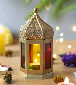 <b>Set</b> of 2 Gold Metal Lanterns Moroccan Style Hanging & Tabletop Lanterns for Home <b>Garden</b> Festive and Event Decoration Use - Product Image 5