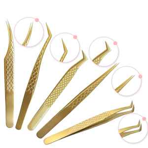 Pince à épiler d'extension de cils de haute qualité 45 90 degrés pointe lisse anti-magnétique 10mm longueur acier inoxydable couleur or - Product Image 1