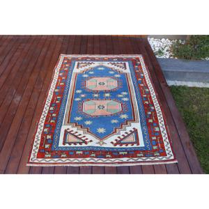 Alfombra Turca, Alfombra Vintage de 3.9x4.9 pies, Alfombra de Lana Azul Roja con Diseño de Camuflaje - Product Image 1