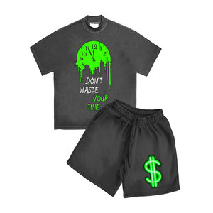 Venta al por mayor logotipo personalizado de 2 piezas para hombre traje de verano lavado ácido de impresión de dos piezas pantalones cortos y camiseta conjunto para hombres ropa - Product Image 3