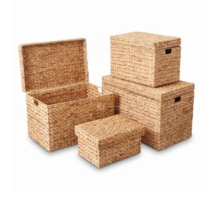 Rectangular Water Hyacinth Standing Double Storage <b>Basket</b> <b>Lid</b> Handwoven Sustainable Organizer Stackable Practical for Bathroom - Product Image 1