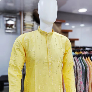 Nouveau Festival lourd tissu de soie romaine avec broderie miroir travail hommes Kurta avec pyjama Collection pour adultes - Product Image 5