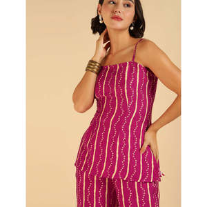 Bohemian Magenta Bandhani Printed Sleeveless Breathable Top & Sharara Fusion Co-Ord <b>Set</b> for Women Spring/Summer - Product Image 2
