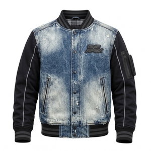 Blouson Bomber Letterman en Denim Bleu Personnalisé avec Manches Noires, Style Streetwear, Effet Vieilli, Poches Zippées, Fabricant OEM ODM Marque Privée Co US - Product Image 1