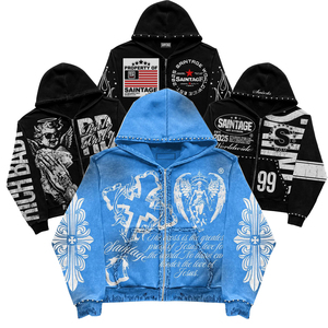 Sudadera con capucha y cremallera unisex extragrande con pedrería, de algodón grueso de 450 g/m², con estampado personalizado, fabricante de ropa urbana. - Product Image 6