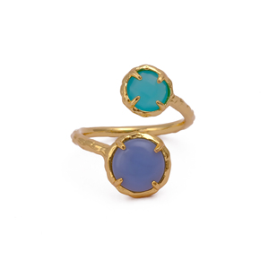 Anillo chapado en oro con banda abierta de Calcedonia de Perú de ópalo azul doble para mujer, anillos de piedras preciosas ajustables antideslustre hechos a mano - Product Image 1