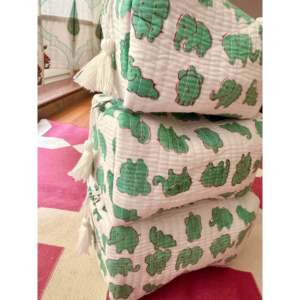 Ensemble de trousses à cosmétiques en tissu de coton, motif d'éléphant vert, trousse de maquillage de voyage portable, faite à la main, petite capacité - Product Image 2
