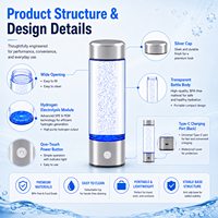 Bouteille d'eau hydrogénée intelligente 1400ppb, technologie d'électrolyse de l'eau par membrane d'échange de protons SPE PEM, ioniseur d'eau portable H2