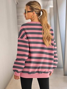 2025 gran oferta tendencia suelta Color sólido algodón/poliéster mujeres camisas rayas sudadera - Product Image 3