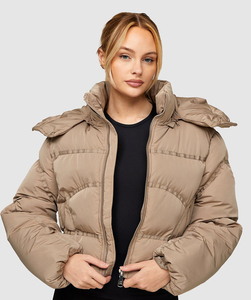 Veste matelassée courte pour femme, design personnalisé, kaki, fermeture éclair intégrale, capuche amovible, veste à bulles respirante, doudoune d'hiver pour femme - Product Image 5