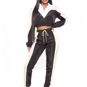 Grande taille 2025 solide motif personnalisé mode coupe-vent ensemble femmes couleur bloc pull recadrée veste ensemble - Product Image 3