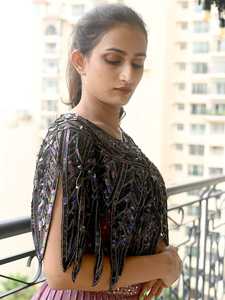 Ecológico elegante con cuentas de lentejuelas burlesque capa vestido hermosa silueta recta cuello en V sujeta festivo Club Cachemira - Product Image 3