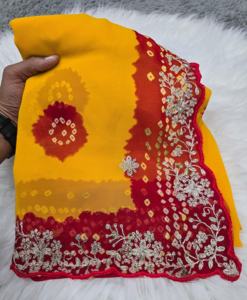 Saree georgette de designer indien avec bordure en dentelle brodée et perle pour mariage - Product Image 6