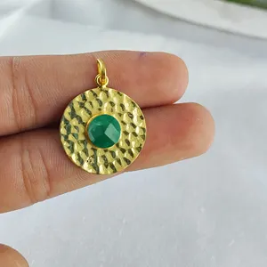 Green Color Faceted Cut Emerald Gemstone 8mm Brass Gold Plated Fancy Charm Pendant For Making Birthstone Wholesale Jewelry Charm