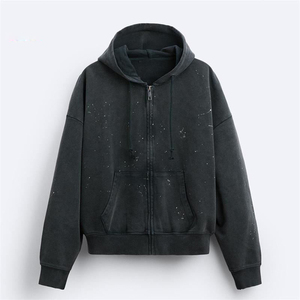 Sudadera con capucha extragrande de diamantes de imitación para hombre, ropa de calle de mezcla de algodón de primera calidad, Sudadera con capucha personalizada desteñida y ajustada con cremallera - Product Image 6