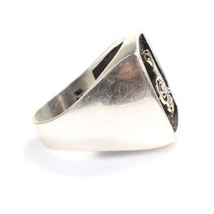 925 Sterling <b>Silver</b> Men's <b>Ring</b> Embossed Ottoman Tughra <b>Emerald</b> Cut Agate Amethyst Set Rhodium Plating Floral for Everyday Wear - Product Image 3
