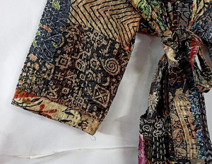 Pardessus de bain en soie patchwork multicolore Kantha pour femmes imprimé floral col en V fermeture à cordon respirant Style quotidien Kimono gratuit - Product Image 3