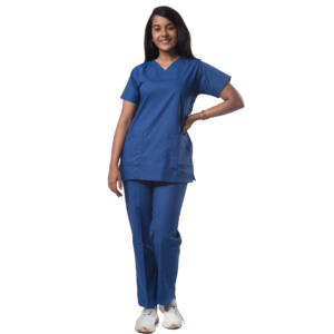 Women Blue Scrub Set V-Neck <b>Top</b> With Pockets And Straight Leg Pants Hospital Uniform Woven Fabric Cotton Polyester Mix - Product Image 1