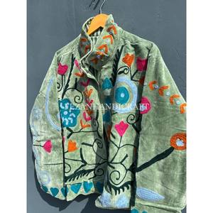Uzbek Floral Embroidery Jacket Light Green Velvet Jacket With Stand Collar Cotton Lining for Autumn and Winter Unisex Jacket - Product Image 4