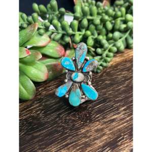 Navajo Handmade Royston <b>Turquoise</b> Sterling Silver Cluster <b>Ring</b> Size 8 - Product Image 1