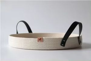 ตะกร้าเชือกฝ้ายทอทรงกลมพร้อมที่จับหนังตะกร้าเก็บผลไม้ - Product Image 5