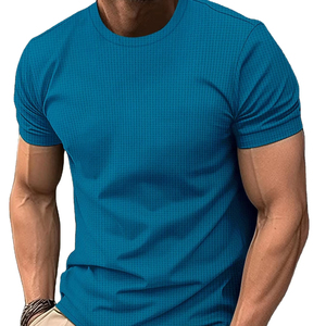 Camiseta de cuello redondo ajustada de verano para hombre Nueva tendencia de moda con manga corta Color sólido Estilo callejero Malla Nylon Puffer" - Product Image 2