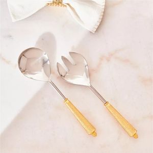 2pcs Stainless Steel Salad Serving Set with <b>Gold</b> Electroplated Handles | Corrosion Resistant Large Serving Spoon and Fork Sets - Product Image 1