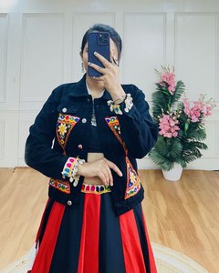 Intricately Embroidered Gamathi Work Denim <b>Jacket</b> Exquisite Plain Pure Reyon Lehengha for Navratri Style Indian Pakistani - Product Image 1