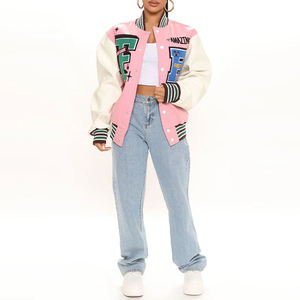 Veste bomber de baseball universitaire en coton tricoté avec logo personnalisé sur toile 2026, veste courte rose pour femmes, OEM - Product Image 4