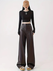Pantalones de pierna ancha de piel sintética negra de cintura alta para Mujer | Pantalones/Pantalones de mujer informales elegantes y cómodos para mujer OEM - Product Image 2