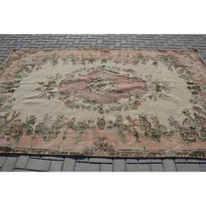 Vintage Rug 6x9.7 ft, <b>Brown</b> Pink Floral <b>Wool</b> Turkish Rug - Product Image 3
