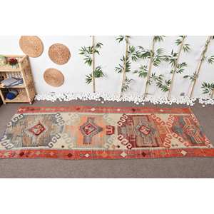 Alfombra Kilim Vintage naranja y Beige, diseño de tejido plano de 3,6x9,6 pies con respaldo de látex para uso en pasillo de adolescentes, Material de lana - Product Image 2