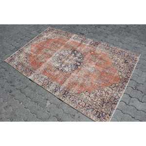 3.9x5.8 ft Accent Turkish Vintage Eco Friendly <b>Red</b> Patchwork <b>Wool</b> Rug with Latex Backing - Product Image 2
