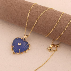 New collection heart carved blue jade pendant with mini cubic zirconia charm 18k gold plated cable chain gemstone necklace - Product Image 4