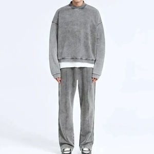 BASICS Hombres Boxy Cuello redondo lavado con ácido French Terry Pullover Transpirable Dropshoulder Cuello redondo Sudadera mezcla de algodón - Product Image 3