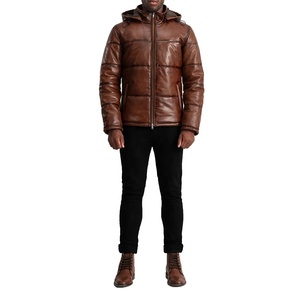 Unisex Genuine Leather Puffer Jacket With Stand Collar Breathable Quilted Design <b>Winter</b> Hooded Zipper Closure OEM Service - Product Image 1